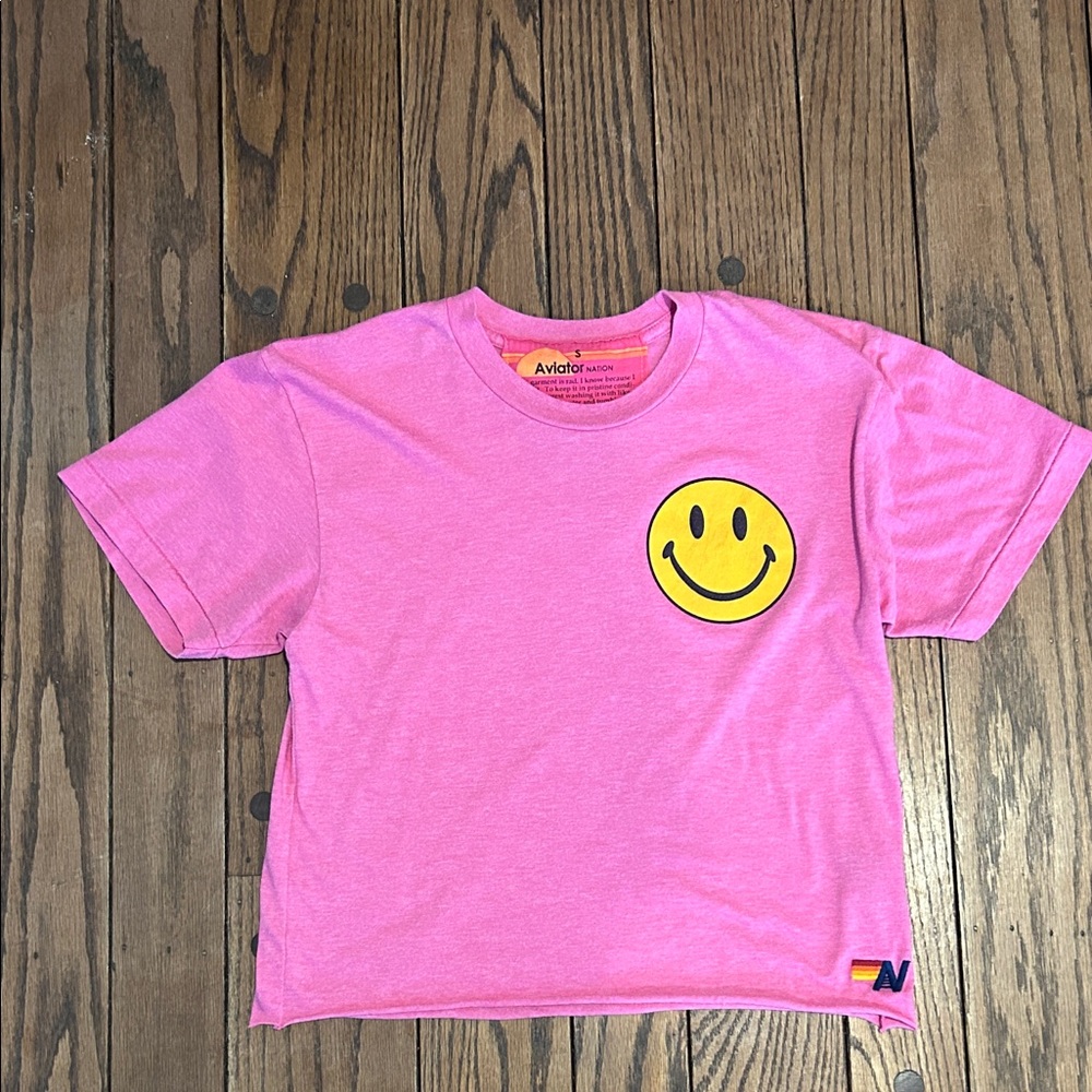 Aviator Nation Women’s Pink Tee with Yellow Smiley Graphic